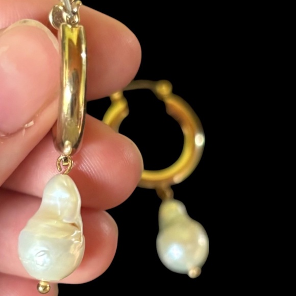 Golden Baroque Pearl Hoop Drop Earrings Coastal - Picture 4 of 7